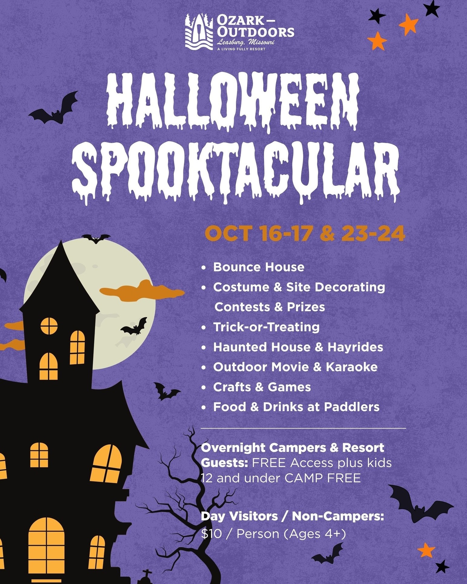 Who's ready for Halloween at Ozark Outdoors this SPOOKTACULAR Season? ๐ We've got a cauldron full of fun for all ages! Bring your mini monsters, witches, and pumpkins too! Book now for a howling good time! Oh, and did we mention the little critters camp for free? ๐