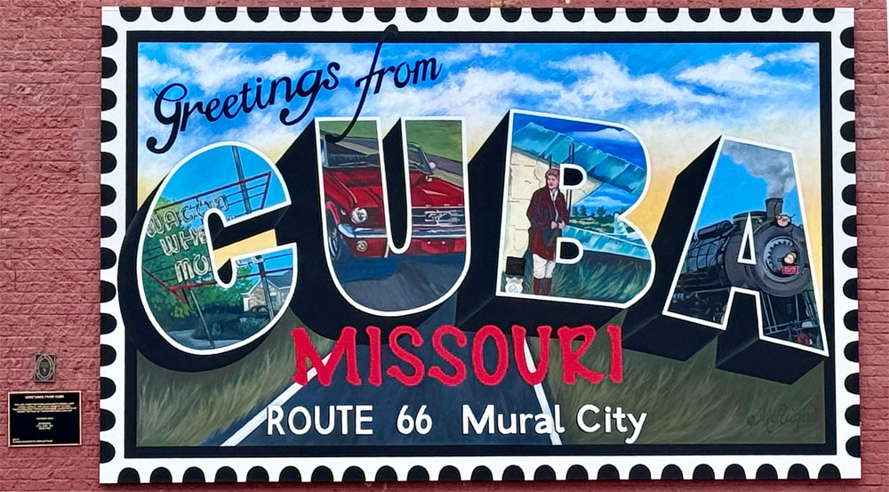 Greetings from Cuba, Missouri postcard mural celebrating Route 66 Mural City