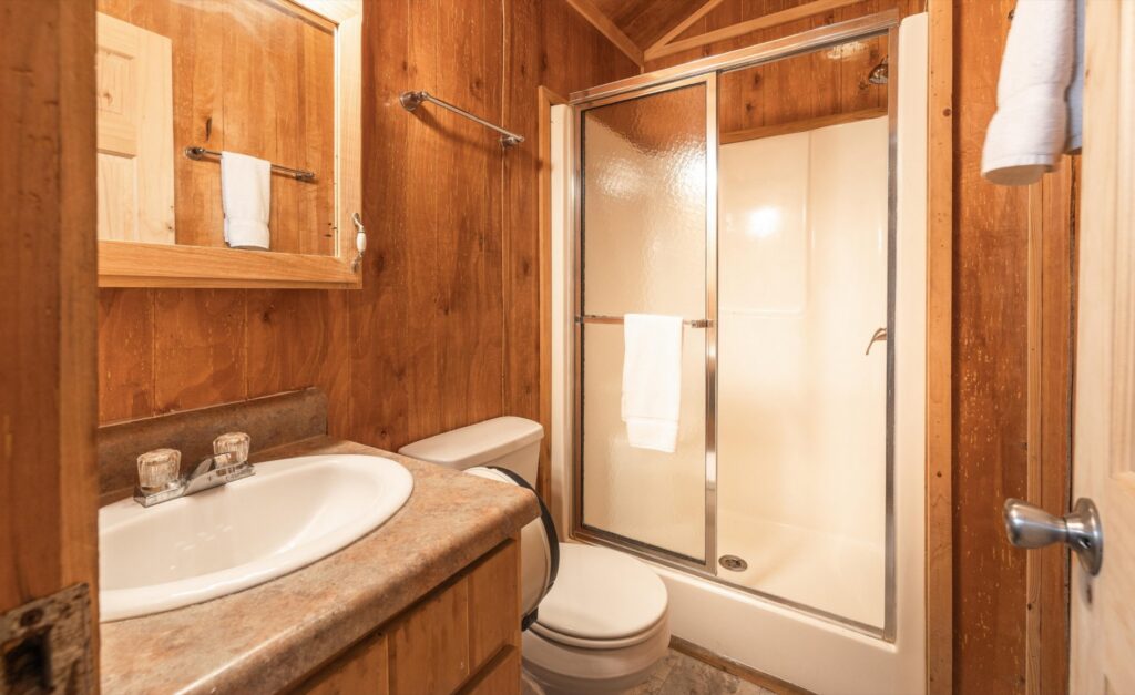 Bathroom of the Deluxe Kozy Kabin – Pet Friendly at Ozark Outdoors Riverfront Resort