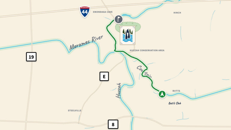 Map of the 10-mile Butt's Slab float route from Courtois Creek to Ozark Outdoors Resort.