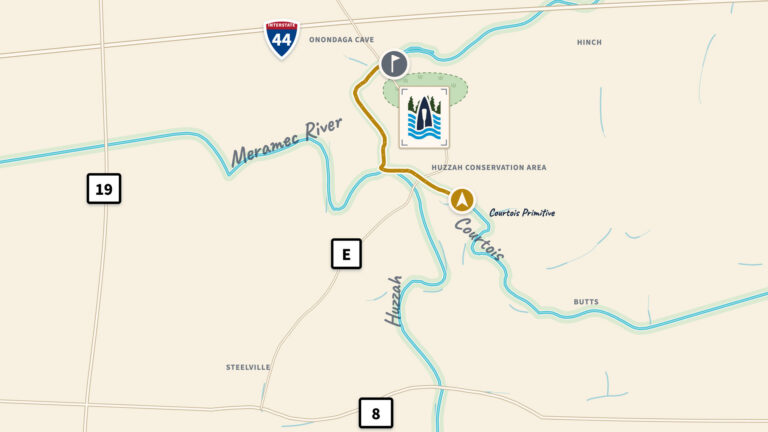 Map of the 5-mile Courtois Primitive float route from Courtois Creek to Ozark Outdoors Resort.