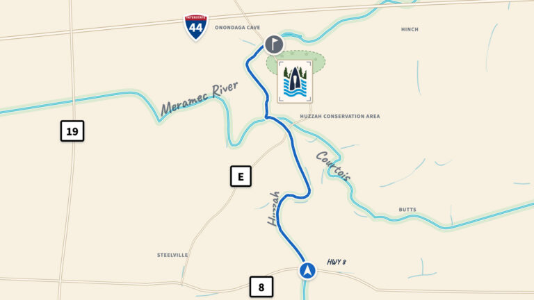 Map of the 10-mile HWY 8 float route down the Huzzah River to Ozark Outdoors Resort.