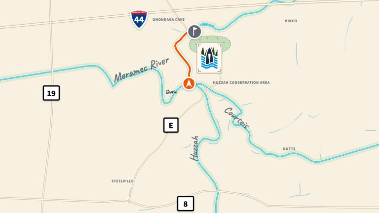 Map of the 4-mile Scotia float route down the Huzzah and Meramec rivers to Ozark Outdoors Resort.