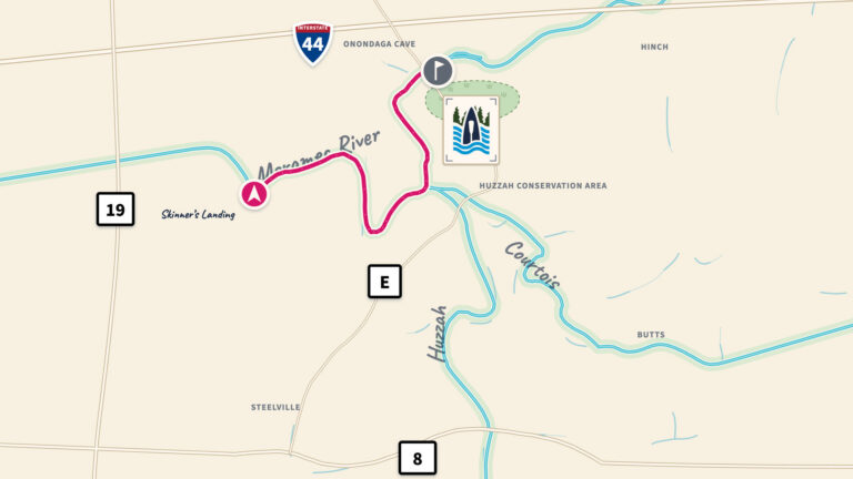 Map of the 8-mile Skinner's Landing float route down the Meramec River to Ozark Outdoors Resort.