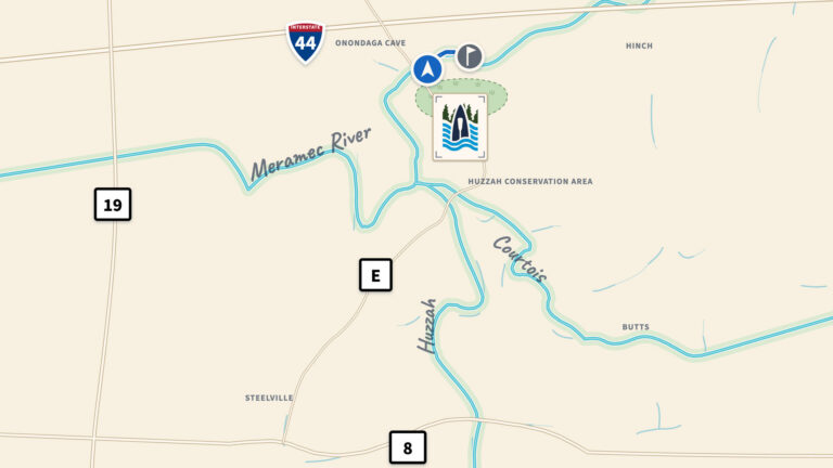 Map of the 1-mile tube loop on the Meramec River at Ozark Outdoors Resort in Leasburg, Missouri.