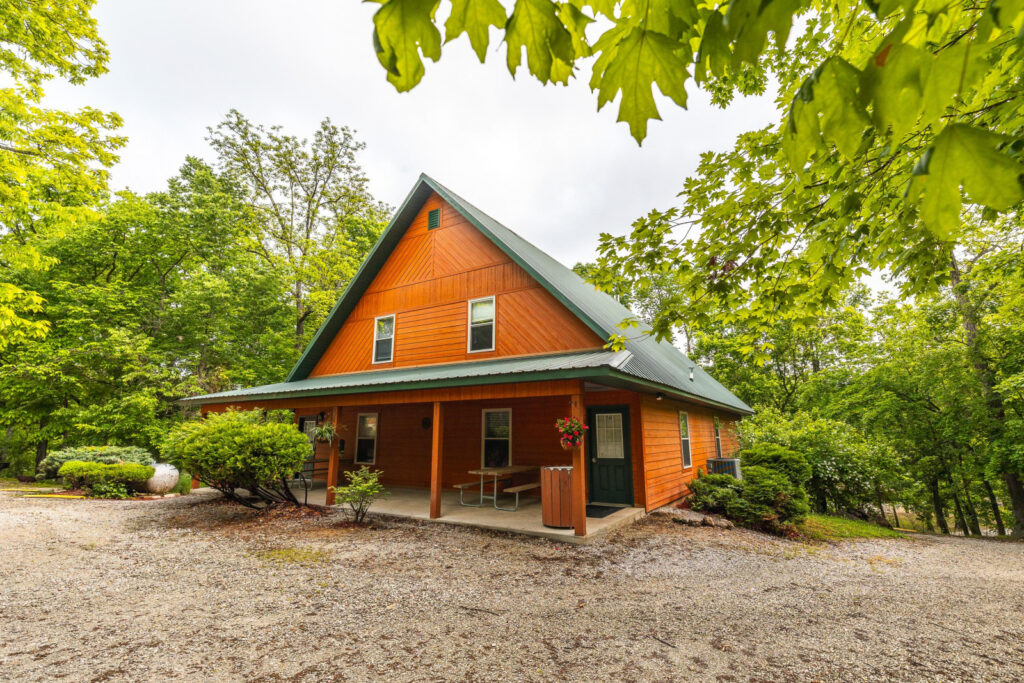 Meramec Valley Chalet A-frame exterior with covered porch