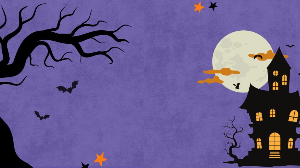 Illustrated Halloween night scene — a haunted house with lit windows, a full moon, bare tree and bats against a purple sky